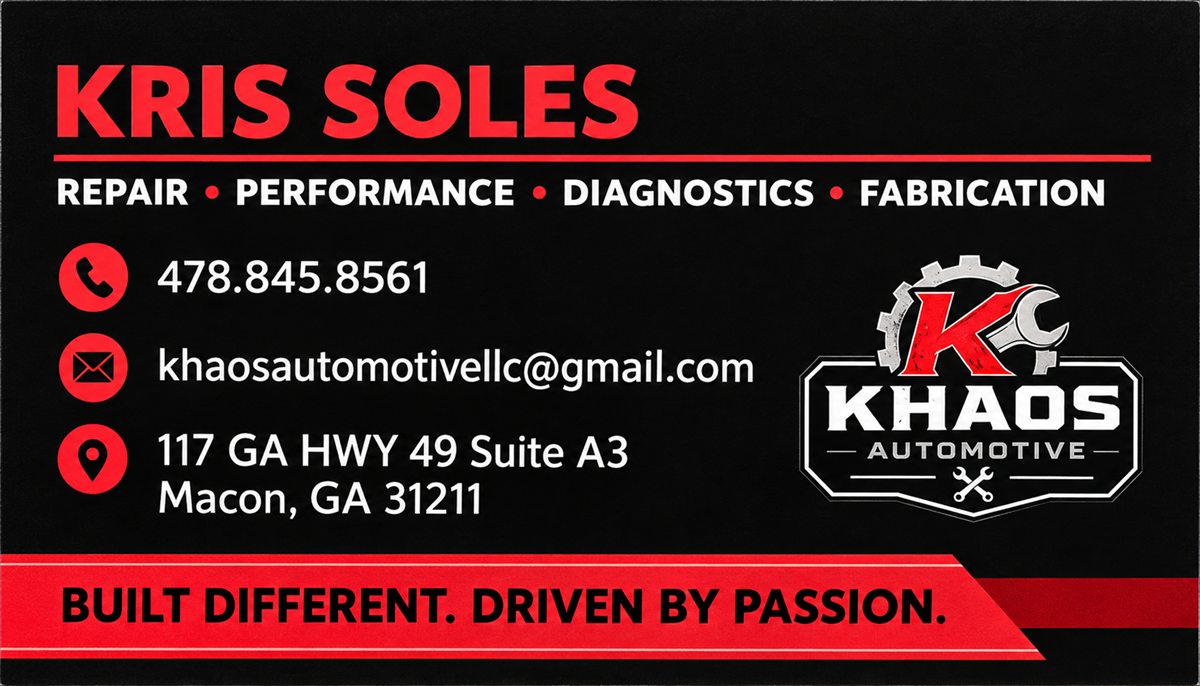 Enhanced Khaos Automotive business card with contact information